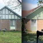 Before and after photos showing a house with new vinyl siding installed