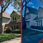Before and after photos showcasing a house with new siding, new windows, and a new roof