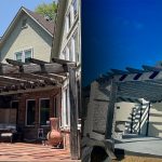 Before and after photos showing a house with a brick exterior and pergola painted